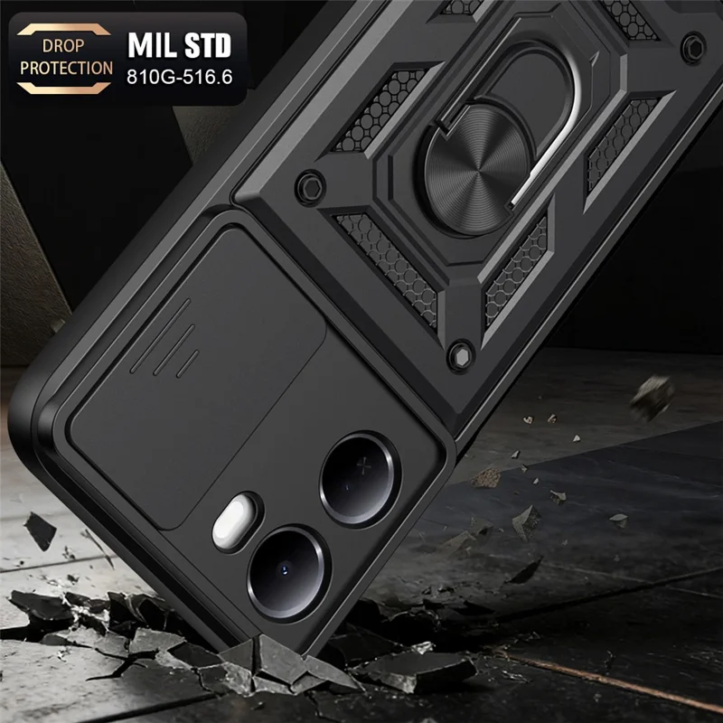 For Xiaomi Redmi 15a 5G Case with Slide Camera Lid PC + TPU Kickstand Phone Cover - Black