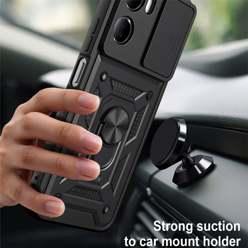 For Xiaomi Redmi 15a 5G Case with Slide Camera Lid PC + TPU Kickstand Phone Cover - Black