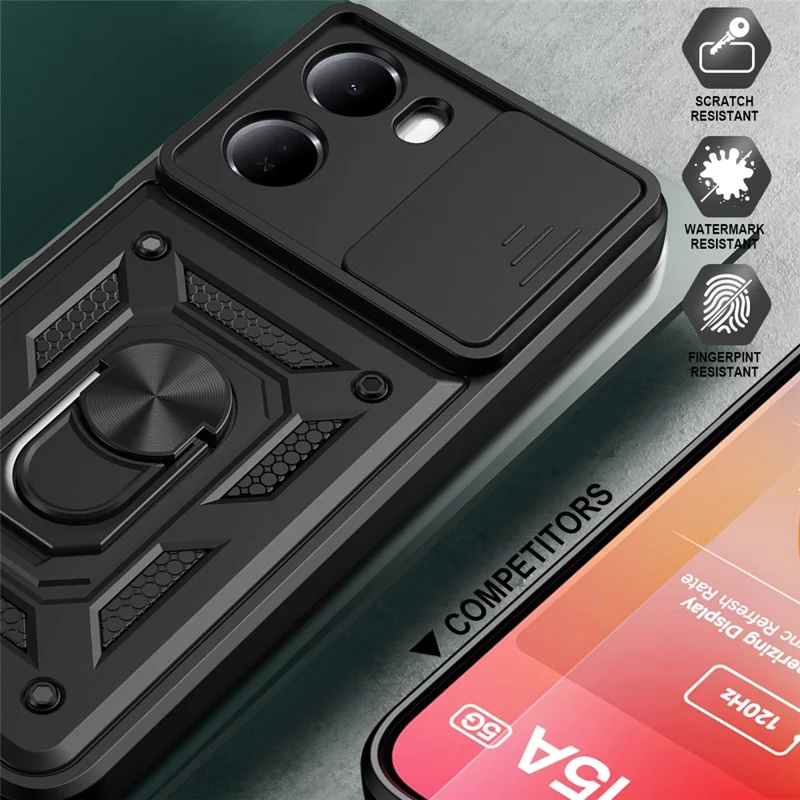For Xiaomi Redmi 15a 5G Case with Slide Camera Lid PC + TPU Kickstand Phone Cover - Black