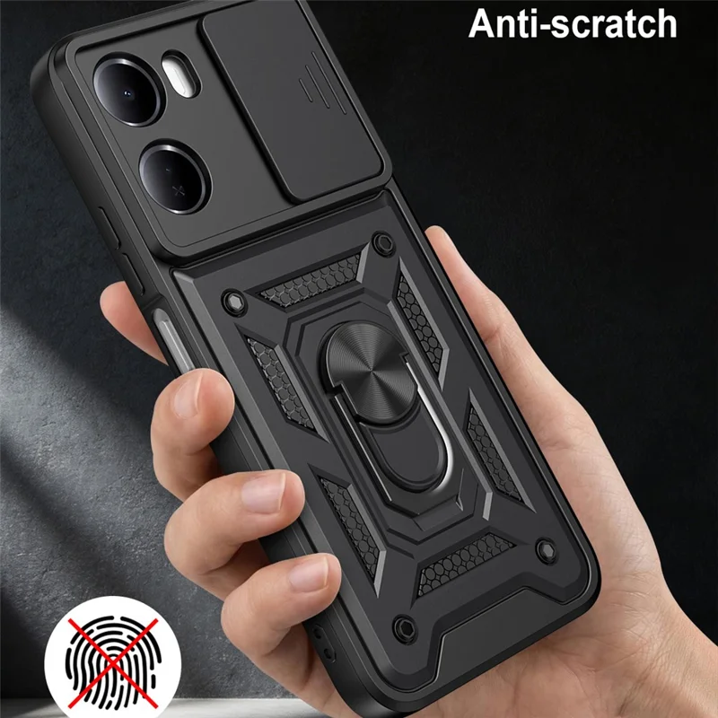 For Xiaomi Redmi 15a 5G Case with Slide Camera Lid PC + TPU Kickstand Phone Cover - Black