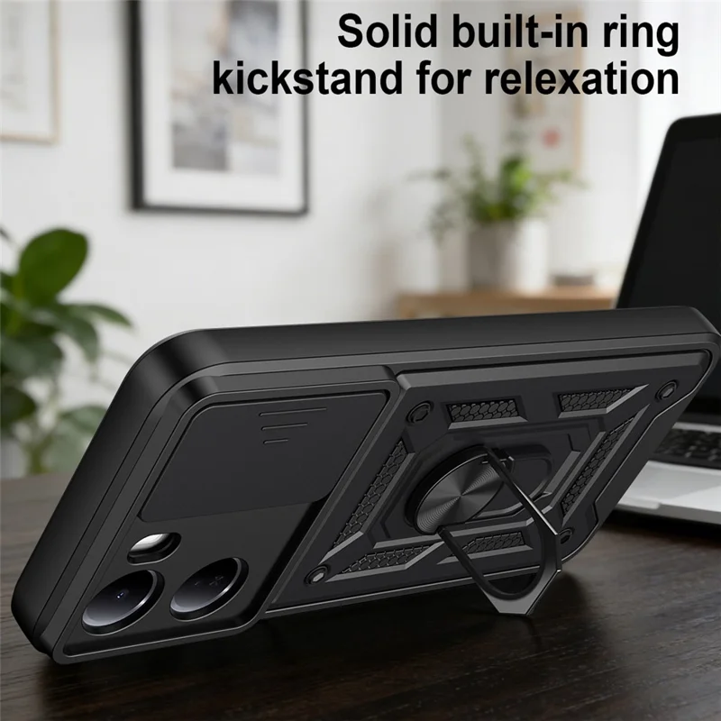 For Xiaomi Redmi 15a 5G Case with Slide Camera Lid PC + TPU Kickstand Phone Cover - Black