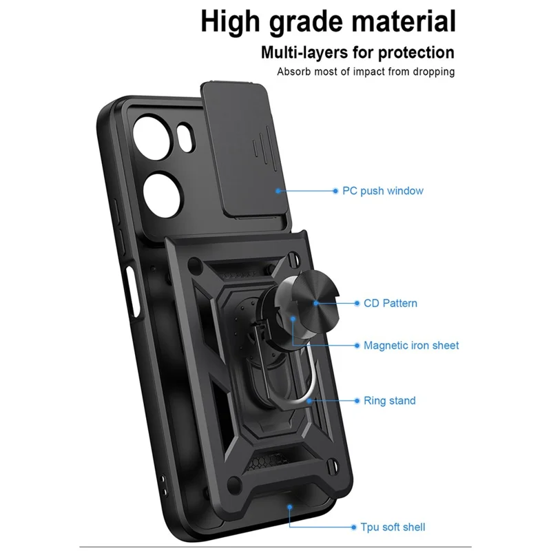 For Xiaomi Redmi 15a 5G Case with Slide Camera Lid PC + TPU Kickstand Phone Cover - Black