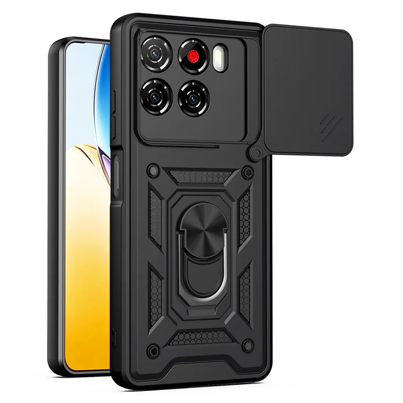 For ZTE Blade A56 Case with Slide Camera Lid PC + TPU Kickstand Phone Cover - Black