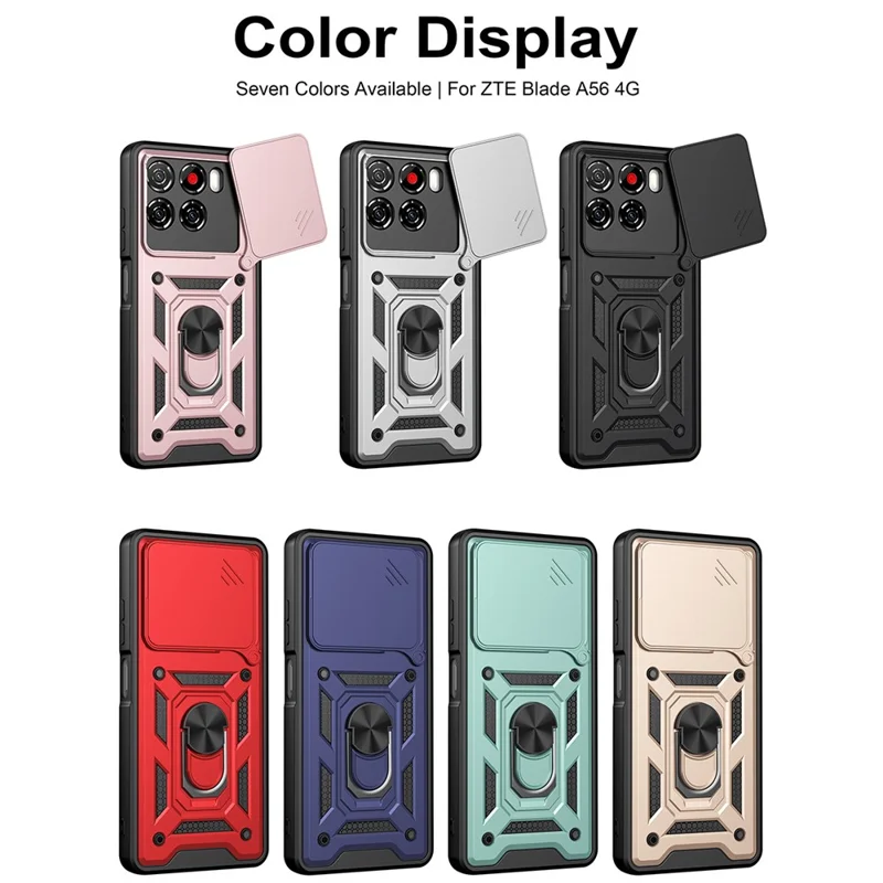 For ZTE Blade A56 Case with Slide Camera Lid PC + TPU Kickstand Phone Cover - Black