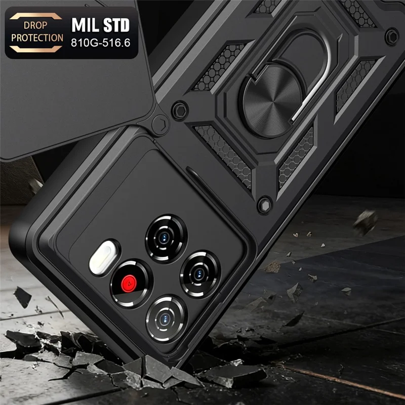 For ZTE Blade A56 Case with Slide Camera Lid PC + TPU Kickstand Phone Cover - Black