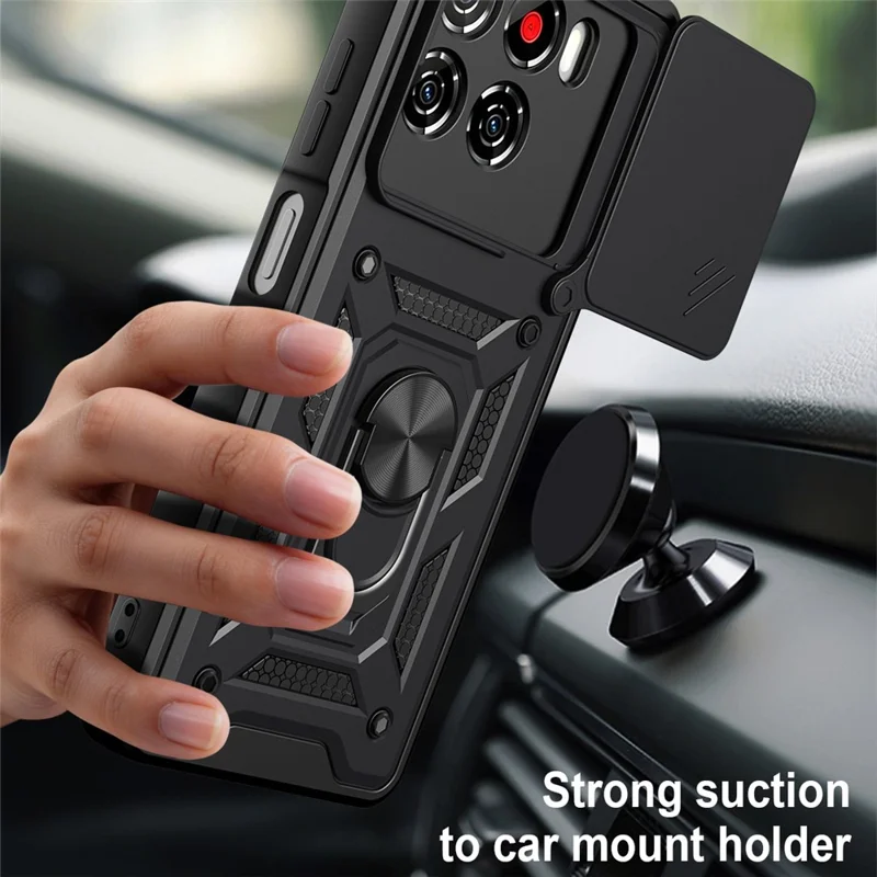 For ZTE Blade A56 Case with Slide Camera Lid PC + TPU Kickstand Phone Cover - Black