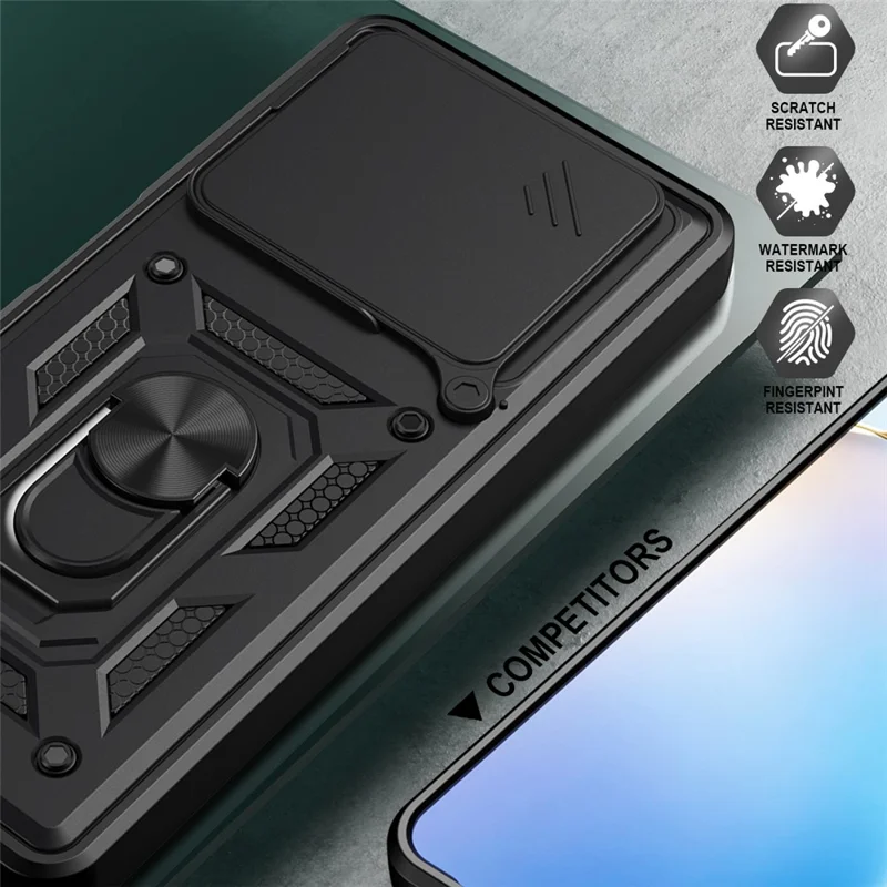 For ZTE Blade A56 Case with Slide Camera Lid PC + TPU Kickstand Phone Cover - Black