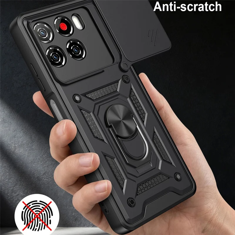 For ZTE Blade A56 Case with Slide Camera Lid PC + TPU Kickstand Phone Cover - Black