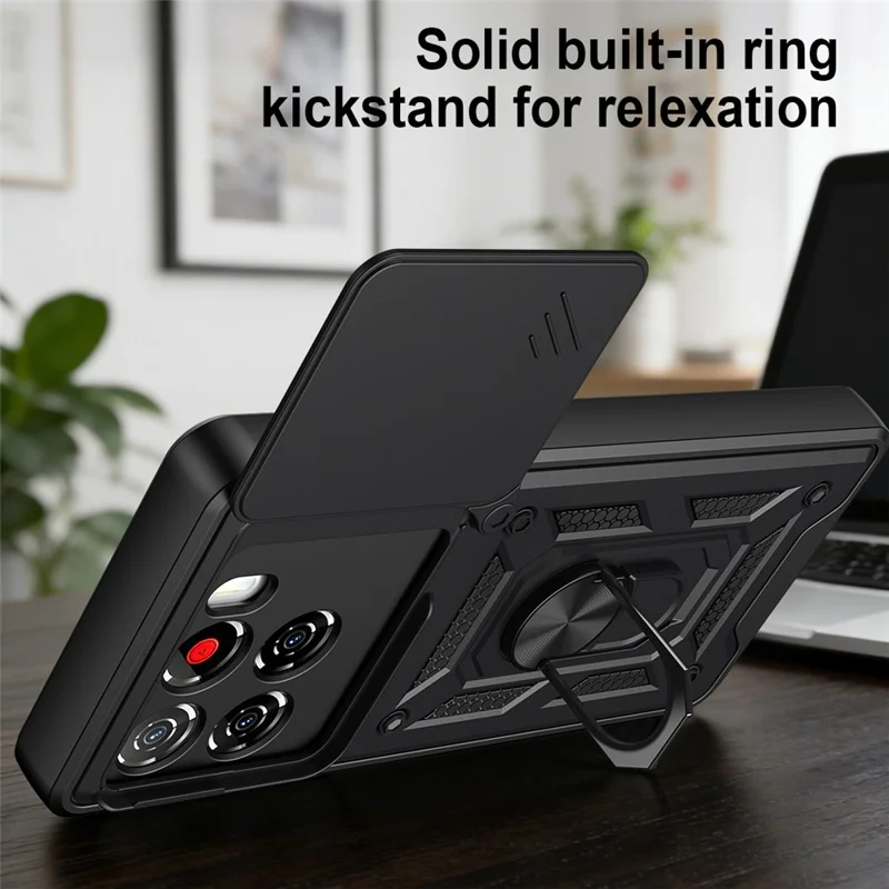 For ZTE Blade A56 Case with Slide Camera Lid PC + TPU Kickstand Phone Cover - Black
