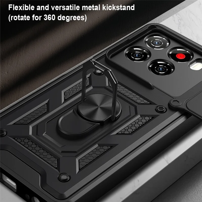 For ZTE Blade A56 Case with Slide Camera Lid PC + TPU Kickstand Phone Cover - Black