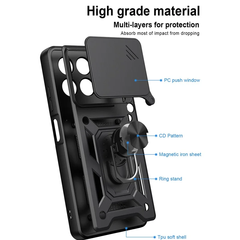 For ZTE Blade A56 Case with Slide Camera Lid PC + TPU Kickstand Phone Cover - Black