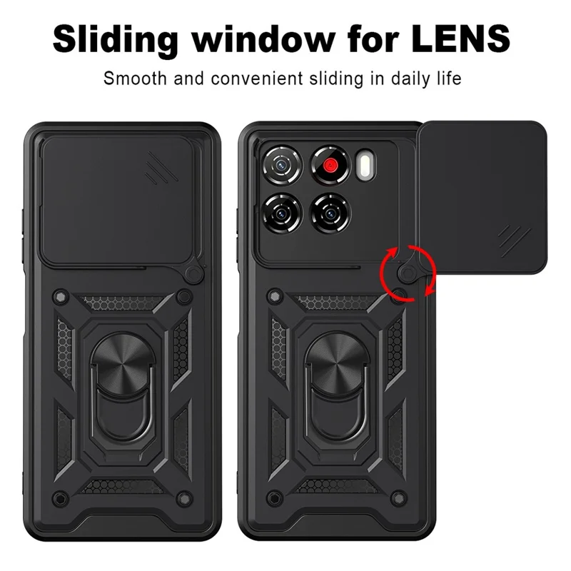 For ZTE Blade A56 Case with Slide Camera Lid PC + TPU Kickstand Phone Cover - Black