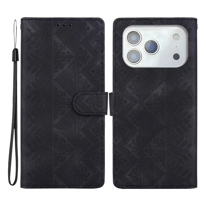 For iPhone 18 Pro  /  17 Pro Wallet Case Imprinted Ethnic Pattern Leather Phone Cover with Wrist Strap - Black