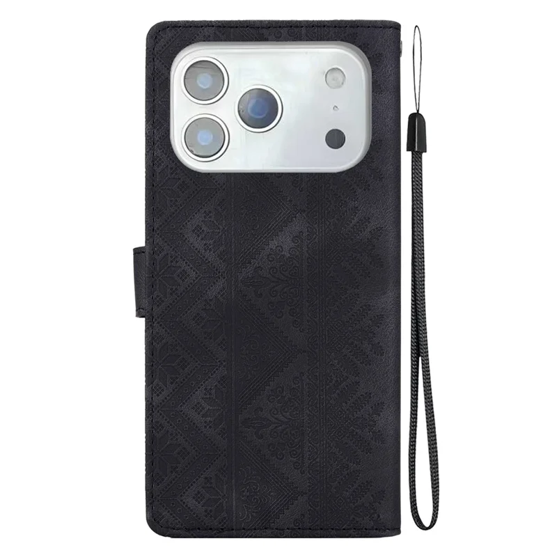 For iPhone 18 Pro Max  /  17 Pro Max Wallet Case Imprinted Ethnic Pattern Leather Phone Cover with Wrist Strap - Black