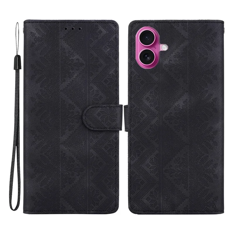 For iPhone 17 Wallet Case Imprinted Ethnic Pattern Leather Phone Cover with Wrist Strap - Black