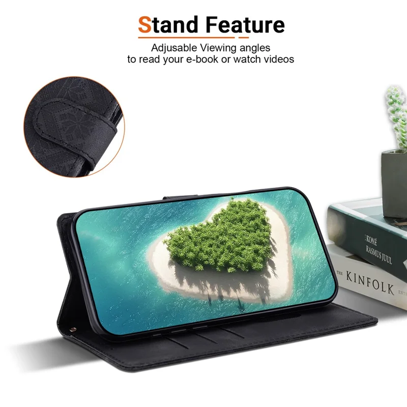 For iPhone 17 Wallet Case Imprinted Ethnic Pattern Leather Phone Cover with Wrist Strap - Black