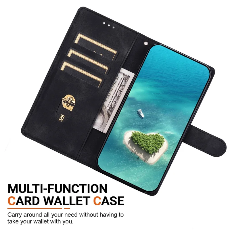For iPhone 17 Wallet Case Imprinted Ethnic Pattern Leather Phone Cover with Wrist Strap - Black