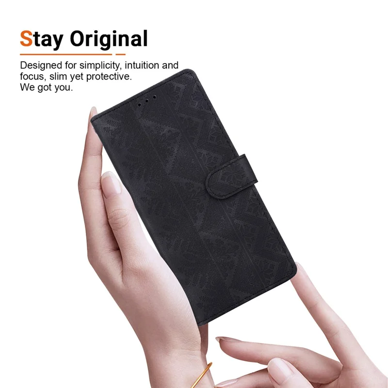 For iPhone 17 Wallet Case Imprinted Ethnic Pattern Leather Phone Cover with Wrist Strap - Black