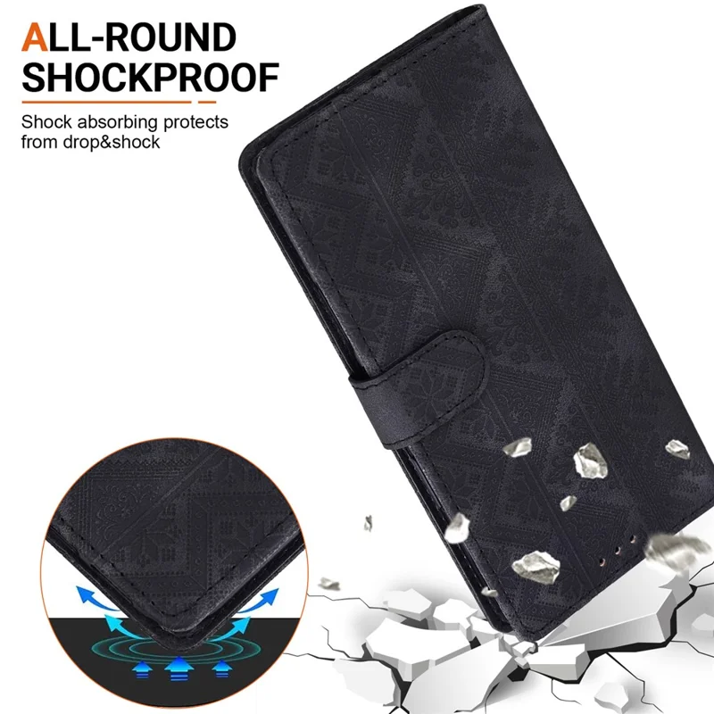 For iPhone 17 Wallet Case Imprinted Ethnic Pattern Leather Phone Cover with Wrist Strap - Black