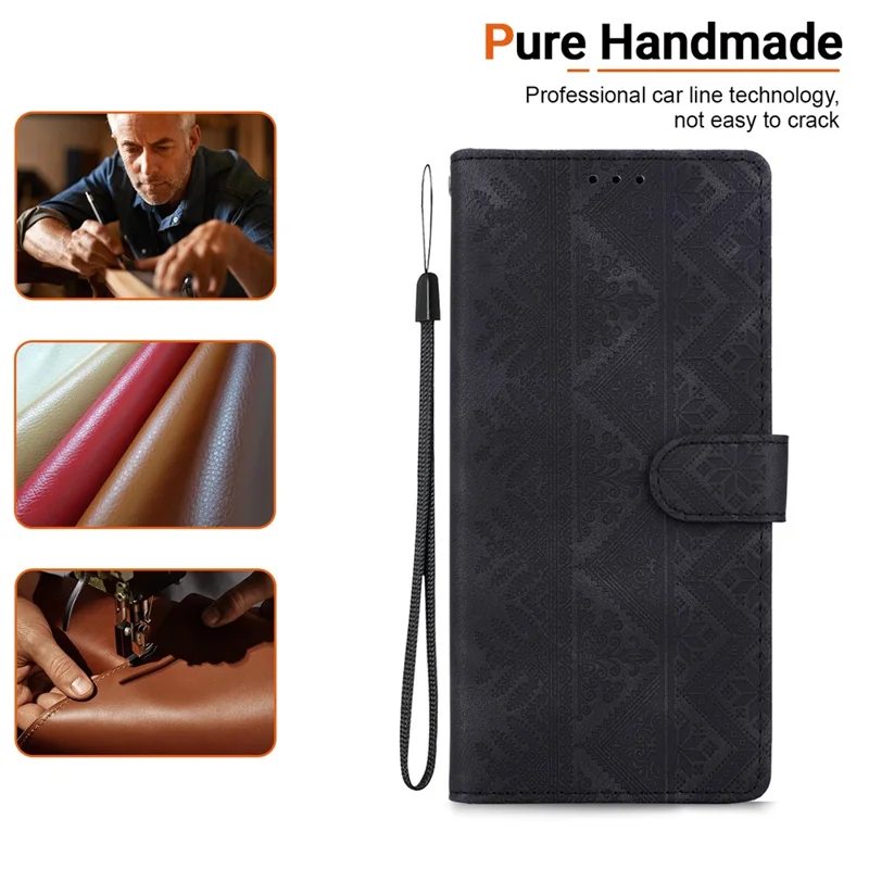 For iPhone 17 Wallet Case Imprinted Ethnic Pattern Leather Phone Cover with Wrist Strap - Black