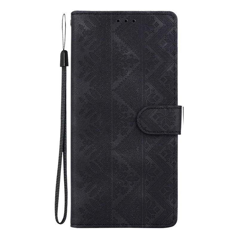 For iPhone 17 Wallet Case Imprinted Ethnic Pattern Leather Phone Cover with Wrist Strap - Black