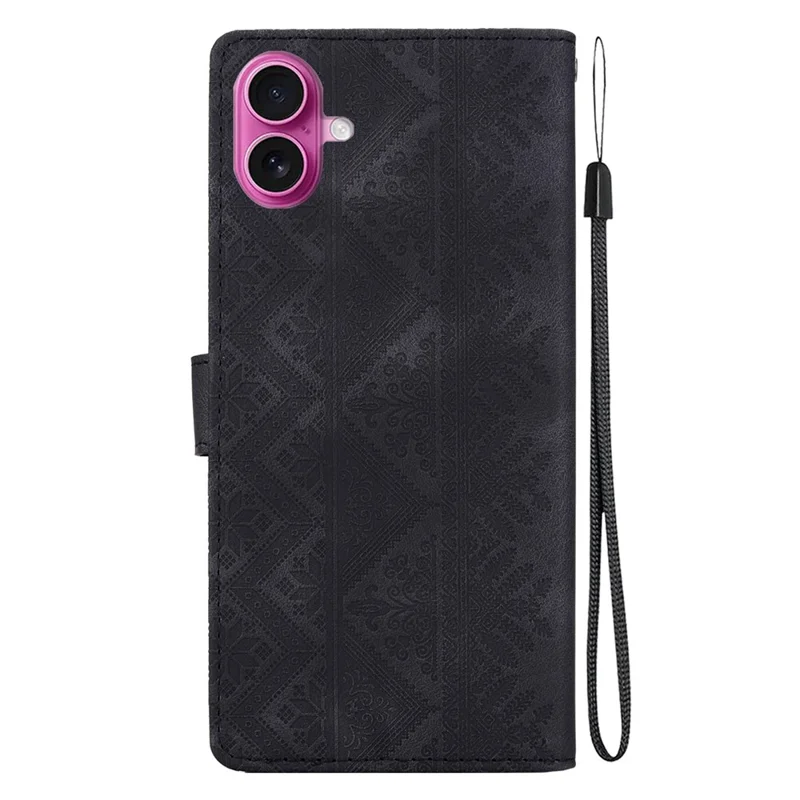 For iPhone 17 Wallet Case Imprinted Ethnic Pattern Leather Phone Cover with Wrist Strap - Black