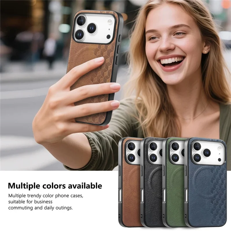 For iPhone 18 Pro Max / 17 Pro Max Magnetic Phone Case with Grid Pattern Protective PU Leather + PC Cover - Brown