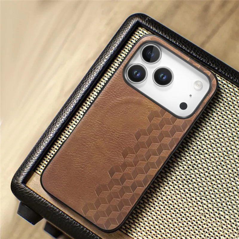 For iPhone 18 Pro Magnetic Phone Case with Grid Pattern Protective PU Leather + PC Cover - Brown