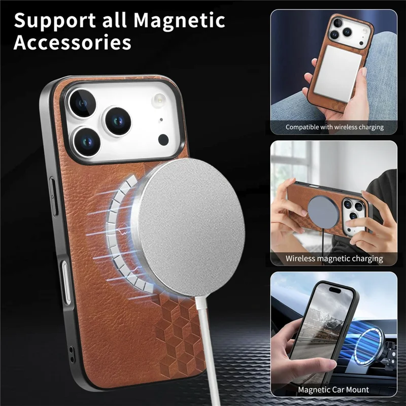 For iPhone 18 Pro Magnetic Phone Case with Grid Pattern Protective PU Leather + PC Cover - Brown