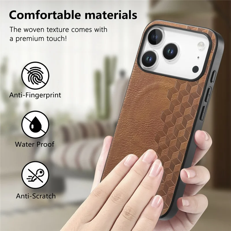 For iPhone 18 Pro Magnetic Phone Case with Grid Pattern Protective PU Leather + PC Cover - Brown