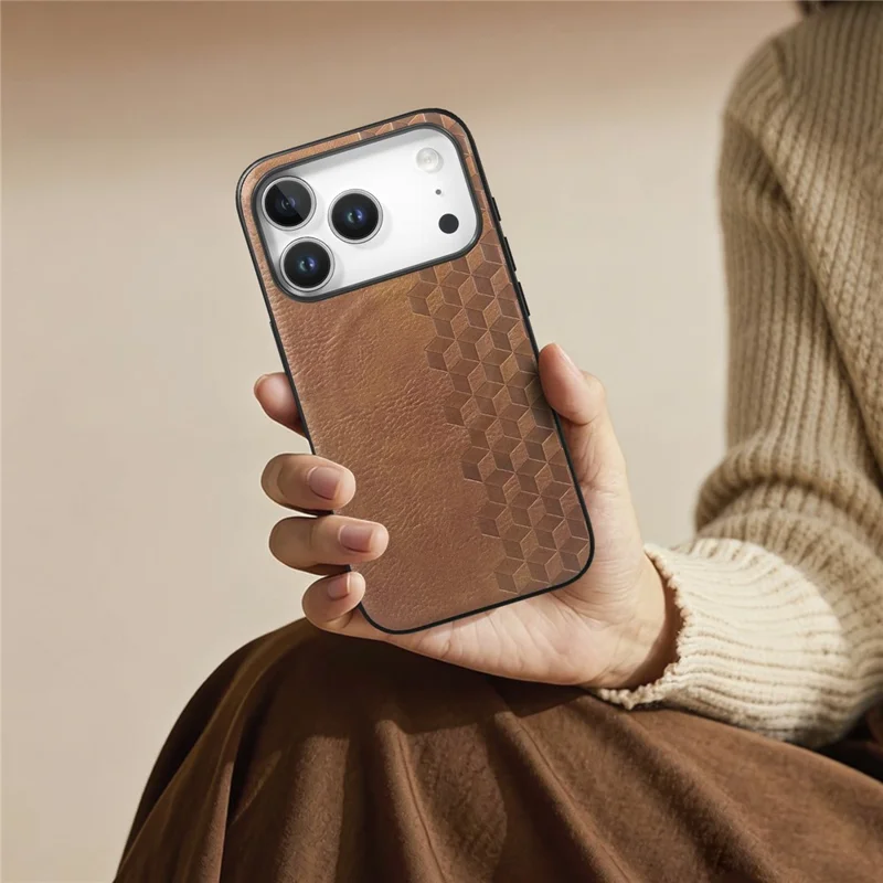 For iPhone 18 Pro Magnetic Phone Case with Grid Pattern Protective PU Leather + PC Cover - Brown