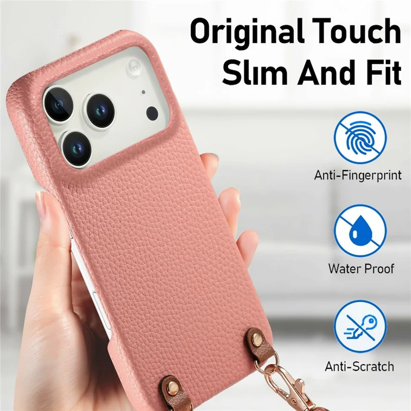 For iPhone 18 Pro Litchi Pattern Case with Lanyard Shockproof PC PU Leather Cover - Pink