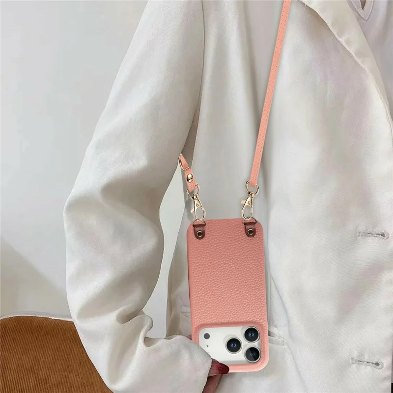 For iPhone 18 Pro Litchi Pattern Case with Lanyard Shockproof PC PU Leather Cover - Pink