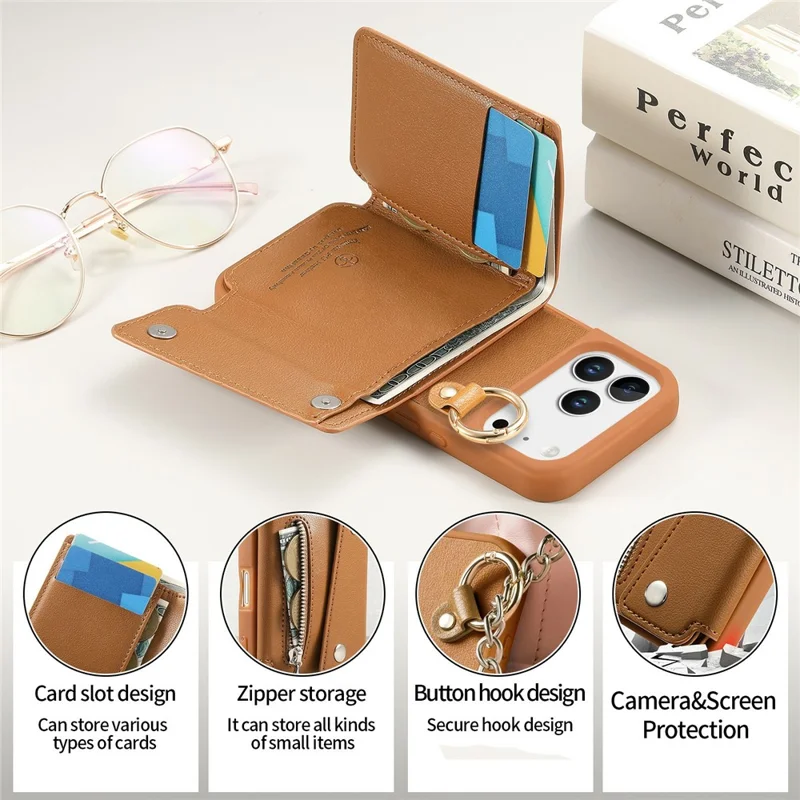 For iPhone 18 Pro Max / 17 Pro Max Case D-Ring Holder Leather + PC + TPU Phone Cover with Wallet Kickstand - Brown