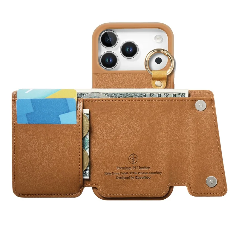 For iPhone 18 Pro Max / 17 Pro Max Case D-Ring Holder Leather + PC + TPU Phone Cover with Wallet Kickstand - Brown