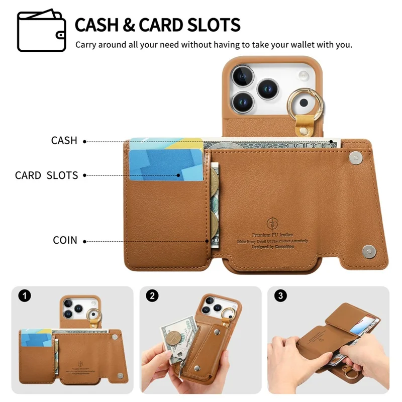 For iPhone 18 Pro Max / 17 Pro Max Case D-Ring Holder Leather + PC + TPU Phone Cover with Wallet Kickstand - Brown