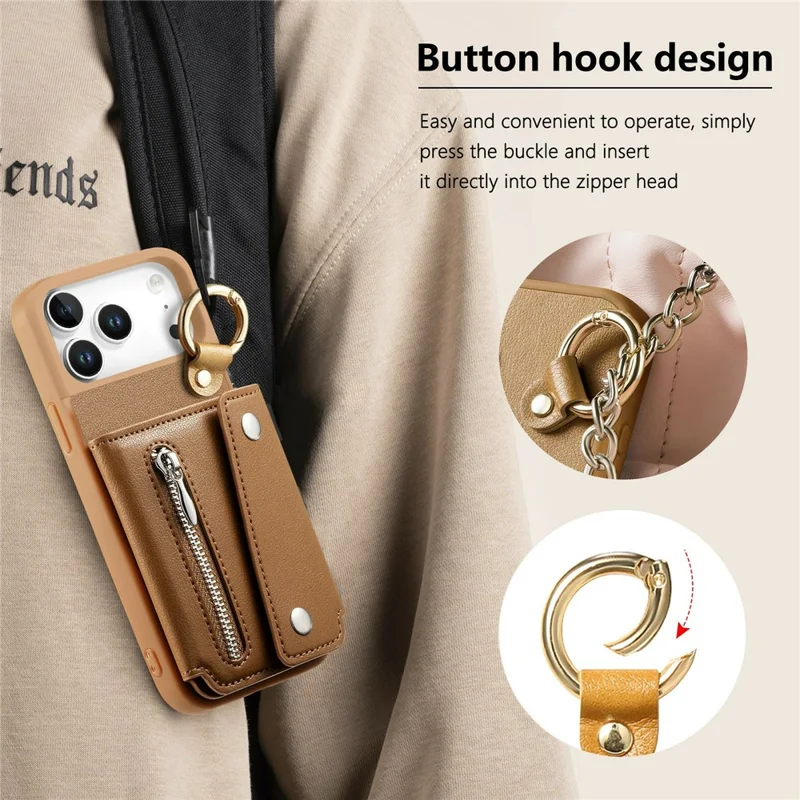 For iPhone 18 Pro Case D-Ring Holder Leather + PC + TPU Phone Cover with Wallet Kickstand - Brown