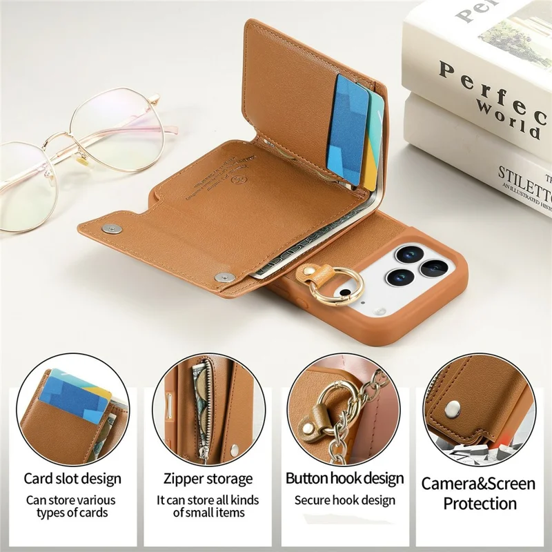 For iPhone 18 Pro Case D-Ring Holder Leather + PC + TPU Phone Cover with Wallet Kickstand - Brown