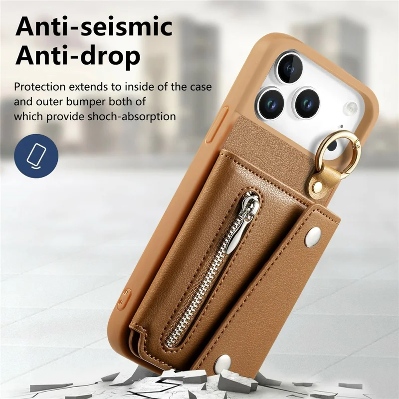 For iPhone 18 Pro Case D-Ring Holder Leather + PC + TPU Phone Cover with Wallet Kickstand - Brown