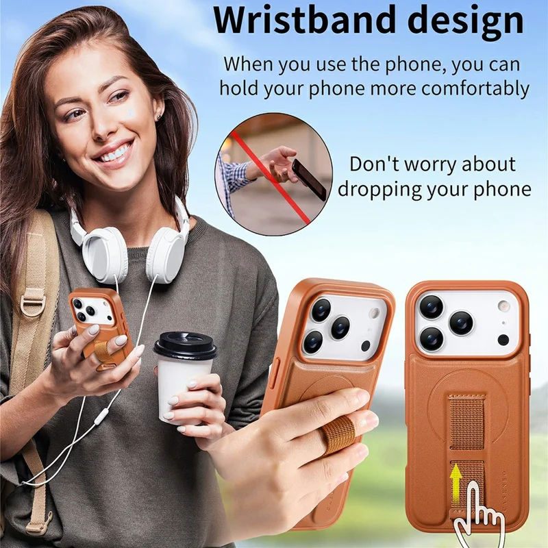 CASENEO For iPhone 18 Pro Magnetic Case Wristband PU Leather + PC Shockproof Phone Cover - Brown