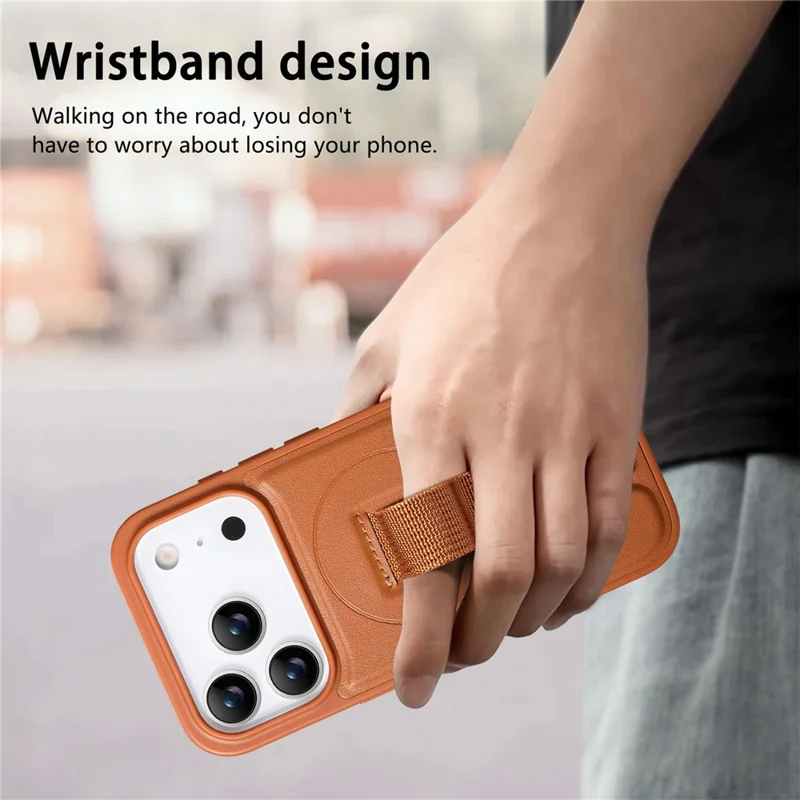 CASENEO For iPhone 18 Pro Magnetic Case Wristband PU Leather + PC Shockproof Phone Cover - Brown