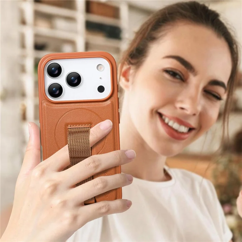CASENEO For iPhone 18 Pro Magnetic Case Wristband PU Leather + PC Shockproof Phone Cover - Brown