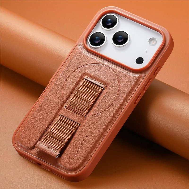 CASENEO For iPhone 18 Pro Magnetic Case Wristband PU Leather + PC Shockproof Phone Cover - Brown