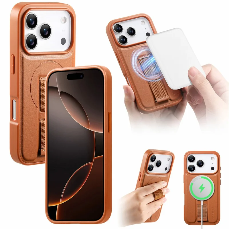 CASENEO For iPhone 18 Pro Magnetic Case Wristband PU Leather + PC Shockproof Phone Cover - Brown