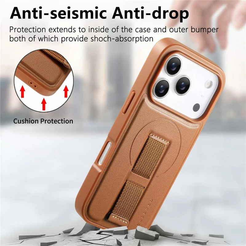 CASENEO For iPhone 18 Pro Magnetic Case Wristband PU Leather + PC Shockproof Phone Cover - Brown