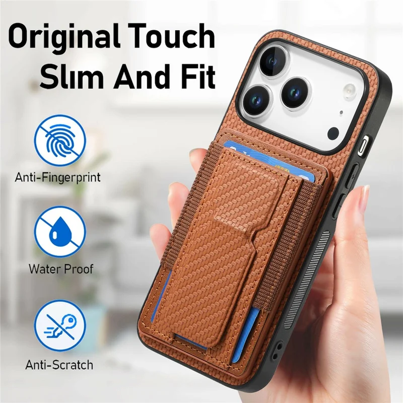 For iPhone 18 Pro Max / 17 Pro Max Case with Card Holder Kickstand Fiber Pattern Leather Back Cover - Blue