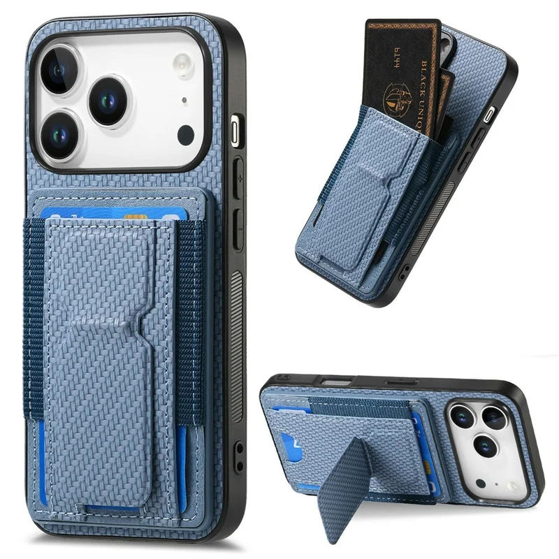 For iPhone 18 Pro Case with Card Holder Kickstand Fiber Pattern Leather Back Cover - Blue