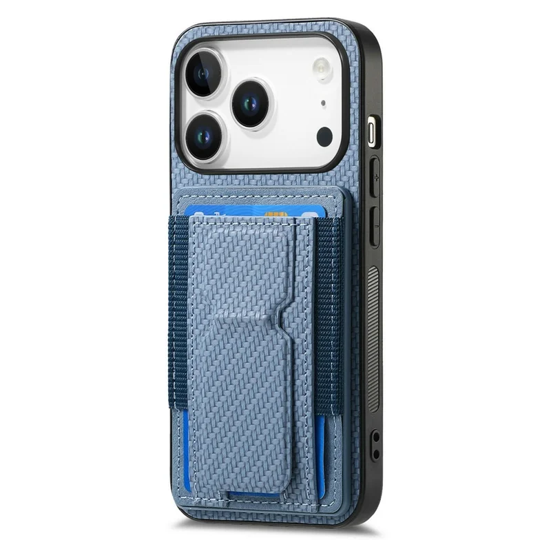 For iPhone 18 Pro Case with Card Holder Kickstand Fiber Pattern Leather Back Cover - Blue