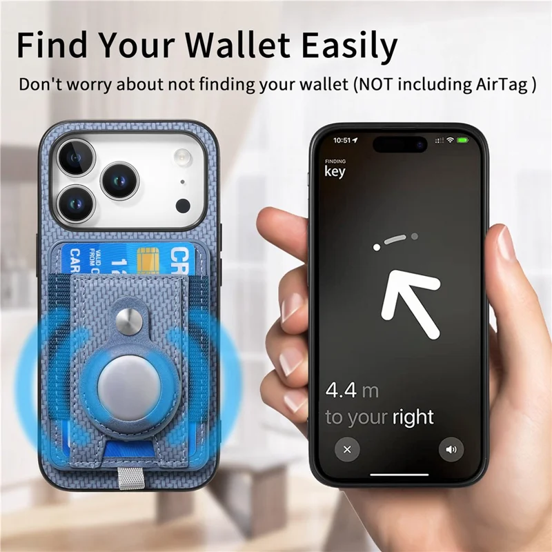 For iPhone 18 Pro Max / 17 Pro Max Case with AirTag Holder Detachable Card Slot Leather + TPU + PC Phone Cover - Blue