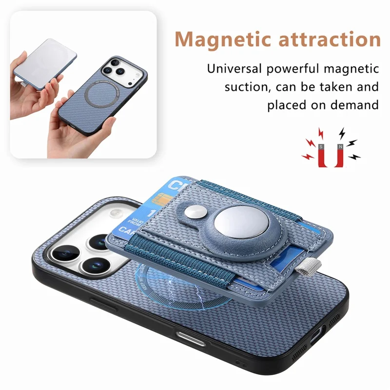 For iPhone 18 Pro Max / 17 Pro Max Case with AirTag Holder Detachable Card Slot Leather + TPU + PC Phone Cover - Blue